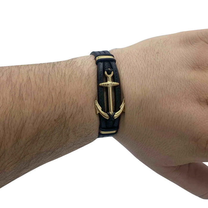 Echt-Leder-Armband Anker vergoldet